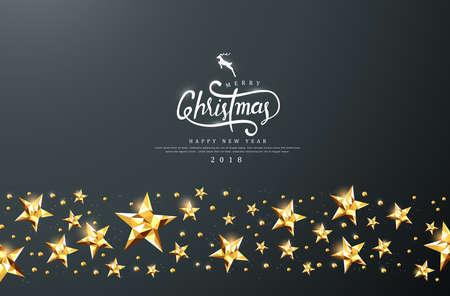 Merry christmas calligraphic text with golden star background. Vector illustration template. Greeting cards.のイラスト素材
