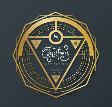 Merry christmas with calligraphic text in geometric trendy linear style. Vector illustration template. Greeting cards.のイラスト素材