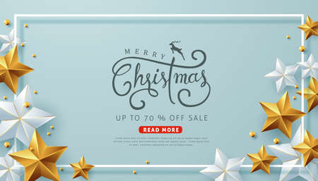 Merry Christmas sale background with Christmas ball and star ornament Vector illustrationのイラスト素材