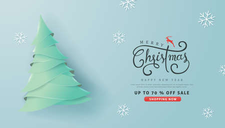 Merry Christmas and Happy New Year sale banner background with paper art and craft style.Glowing lights for Xmas Holiday.Calligraphy.Vector illustration template.greeting cards.のイラスト素材