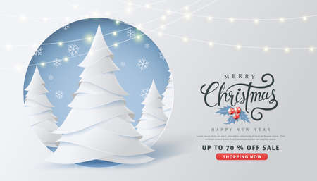 Merry Christmas and Happy New Year sale banner background with paper art and craft style.Glowing lights for Xmas Holiday.Calligraphy.Vector illustration template.greeting cards.のイラスト素材
