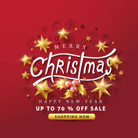 Merry Christmas and Happy New Year sale banner background with golden stars and christmas icon set.discount gift voucher card for Xmas Holiday.Calligraphy.Vector illustration template.のイラスト素材