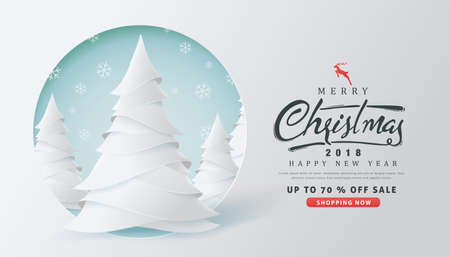 Merry Christmas and Happy New Year sale banner background with paper art and craft style.Glowing lights for Xmas Holiday.Calligraphy.Vector illustration template.greeting cards.のイラスト素材
