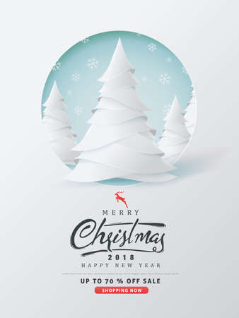 Merry Christmas and Happy New Year sale banner background with paper art and craft style.Glowing lights for Xmas Holiday.Calligraphy.Vector illustration template.greeting cards.のイラスト素材