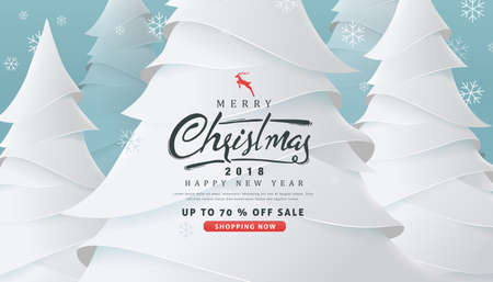 Merry Christmas and Happy New Year sale banner background with paper art and craft style.Glowing lights for Xmas Holiday.Calligraphy.Vector illustration template.greeting cards.のイラスト素材