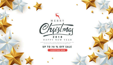 Merry christmas sale background Decorated with Gold and silver Stars.Vector illustration template.のイラスト素材