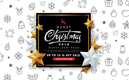 Merry christmas sale banner with silver and golden star vector illustrationのイラスト素材