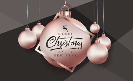 Merry christmas greeting card background with rose gold Christmas ball ornament  Vector illustrationのイラスト素材