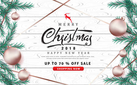 Merry Christmas and Happy New Year sale banner background with rose gold Christmas ball ornament .Vector illustration template.のイラスト素材
