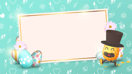 Easter sale banner background template with beautiful colorful spring flowers and  cartoon easter eggs running. Vector illustration.のイラスト素材