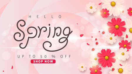 Spring sale background layout with beautiful colorful flower for banners,Wallpaper,flyers, invitation, posters, brochure, voucher discount.Vector illustration template.のイラスト素材