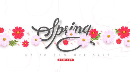 Spring sale background layout with beautiful colorful flower for banners,Wallpaper,flyers, invitation, posters, brochure, voucher discount.Vector illustration template.のイラスト素材