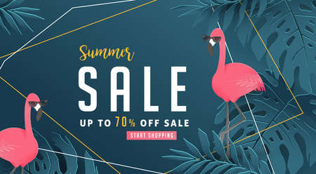 Summer sale background layout banners decorate with paper art tropical leaf and flamingo .voucher...