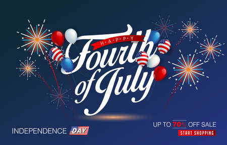 Independence day USA sale promotion banner template american balloons flag and Colorful Fireworks decor.4th of July celebration poster template.fourth of july voucher discount.Vector illustration .のイラスト素材