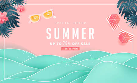 Summer sale design with paper cut tropical beach bright Color background layout banners .Orange sunglasses concept.voucher discount.Vector illustration template.のイラスト素材