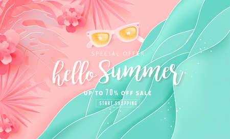 Summer sale design with paper cut tropical beach bright Color background layout banners .Orange sunglasses concept.voucher discount.Vector illustration template.のイラスト素材