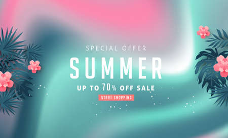 Summer sale background layout banners decorate with paper art tropical leaf vibrant bold gradient holographic .voucher discount.Vector illustration template.のイラスト素材