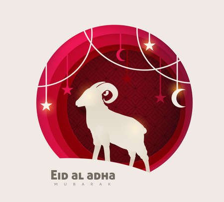 Eid Al Adha Mubarak the celebration of Muslim community festival background design with sheep and star paper cut style.Vector Illustrationのイラスト素材
