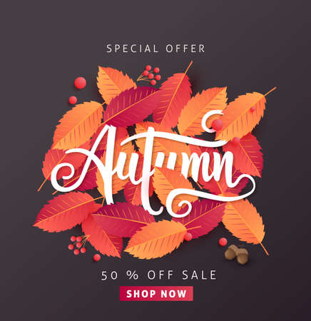 Autumn sale background layout decorate with leaves for shopping or promo poster and frame leaflet or web banner.Vector illustration template.