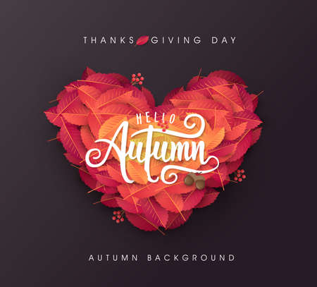 Autumn leaves Heart shape background.thanksgiving day vector illustrationのイラスト素材