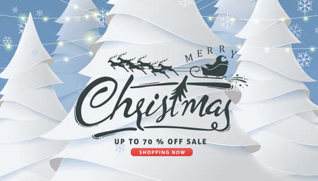 Calligraphic Merry Christmas lettering snowy landscape background .Vector illustration template.のイラスト素材
