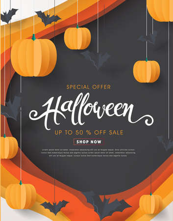 Happy Halloween calligraphy with paper bats and pumpkins. banners party invitation.Vector illustration.のイラスト素材