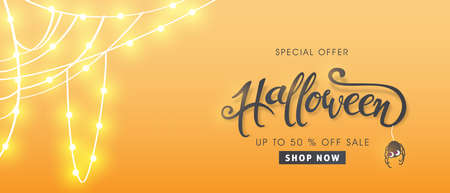 Happy Halloween banners party invitation or sale poster background with Cobweb glowing lights .Vector illustration .calligraphy of "halloween"のイラスト素材