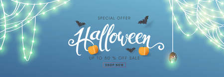 Happy Halloween banners party invitation or sale poster background with Cobweb glowing lights .Vector illustration .のイラスト素材