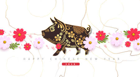 Happy Chinese New Year 2019 year of the pig paper cut style banner spring background. Zodiac sign for greetings card, flyers, invitation, posters, brochure.vector illustration.のイラスト素材