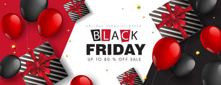 Black friday sale banner layout design template with gift box and balloons. Vector illustrationのイラスト素材
