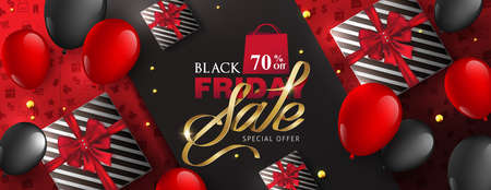 Black friday sale banner layout design template with gift box and balloons. Vector illustrationのイラスト素材