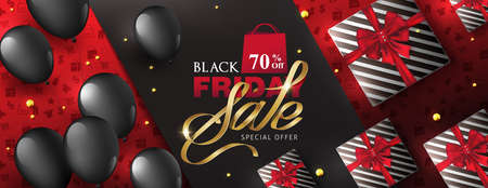 Black friday sale banner layout design template with gift box and balloons. Vector illustrationのイラスト素材