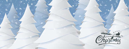 Merry Christmas and Happy New Year background for Greeting cards with christmas tree landscape and snowing paper art style.Calligraphy of christmas.Vector illustration.のイラスト素材