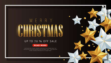 Merry christmas sale background Decorated with Gold and silver Stars.Vector illustration template.のイラスト素材