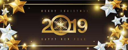 Merry christmas and happy new year 2019 background Decorated with Gold and silver Stars.Vector illustration template.のイラスト素材