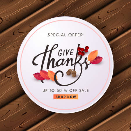 Thanksgiving day banner background. Celebration quotation for card.vector illustration.Autumn season Calligraphy of "give thanks".のイラスト素材