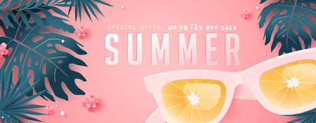 Summer sale design with paper cut tropical beach bright Color background layout banners .Orange sunglasses concept.voucher discount.Vector illustration template.のイラスト素材