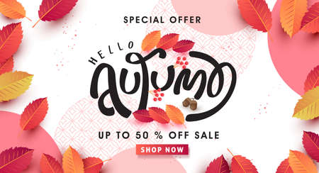 Autumn leaves background. Seasonal lettering. vector illustration. Promotion sale banner of autumn season.のイラスト素材