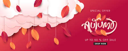 Autumn leaves background. Seasonal lettering. vector illustration. Promotion sale banner of autumn season.のイラスト素材