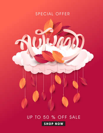 Autumn leaves background. Seasonal lettering.vector illustration.Promotion sale banner of autumn season.のイラスト素材