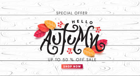 Autumn calligraphy on white wood. Seasonal lettering. autumn sale  banner background. vector illustrationのイラスト素材