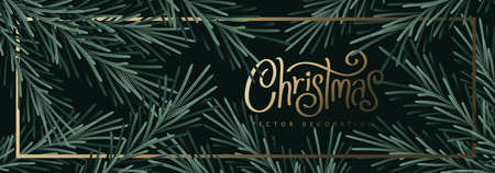 Merry Christmas and Happy New Year Background Christmas Tree Branches decoration.Merry Christmas vector text Calligraphic Lettering Vector illustration.のイラスト素材