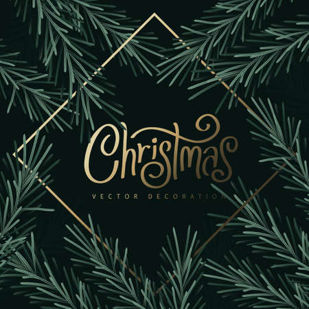 Merry Christmas and Happy New Year Background Christmas Tree Branches decoration.Merry Christmas vector text Calligraphic Lettering Vector illustration.のイラスト素材