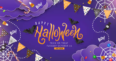 Halloween Decorative Border made of Festive Elements Background and "Halloween" text Calligraphic Lettering Vector illustration.のイラスト素材