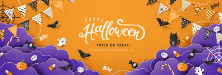 Halloween Decorative Border made of Festive Elements Background and "Halloween" text Calligraphic Lettering Vector illustration.のイラスト素材
