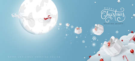 Winter christmas composition in paper cut style.Merry Christmas text Calligraphic Lettering and Santa Claus on the sky Vector illustration. のイラスト素材