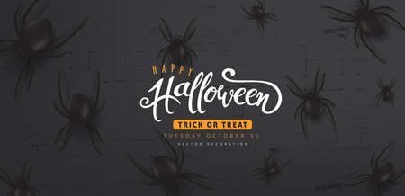 Halloween banners party invitation decor with black spider on dark background. Halloween calligraphy Vector illustration.のイラスト素材