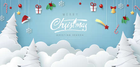 Winter christmas composition in paper cut style.Merry Christmas text Calligraphic Lettering Vector illustration. のイラスト素材