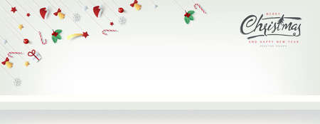 Winter christmas composition in paper cut style and white shelf on the wall for display. Merry Christmas text Calligraphic Lettering Vector illustration. のイラスト素材