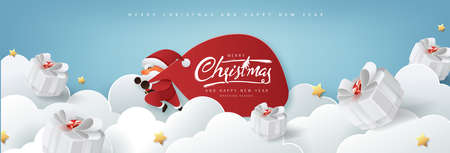 Santa Claus with a huge bag on the run to delivery christmas gifts on white cloud background.Merry Christmas text Calligraphic Lettering Vector illustration.のイラスト素材